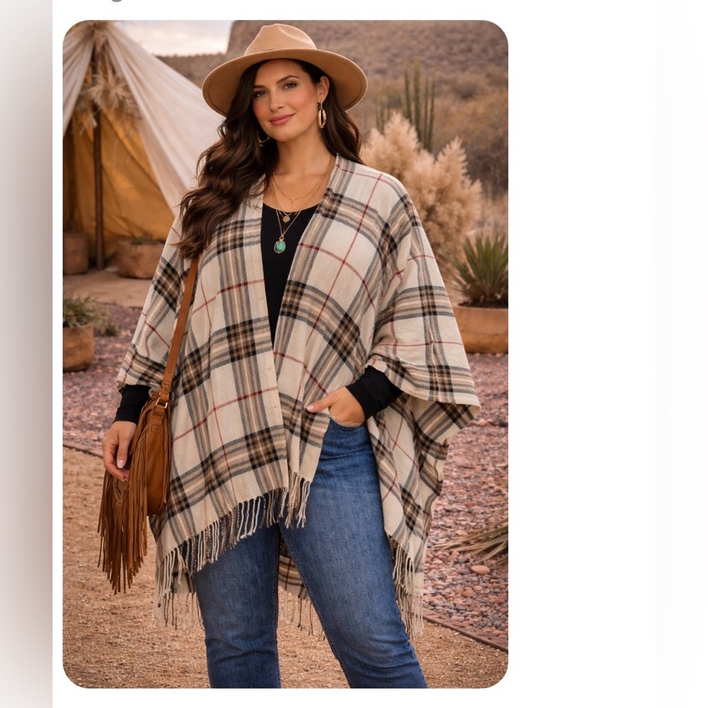 V. FRAAS Plaid Fringe Shawl in White, Brown, and Red